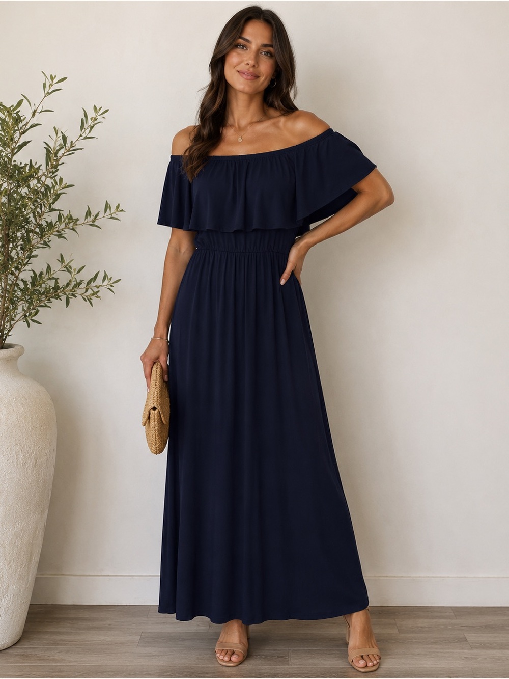 Hello MIZ One-Shoulder Navy Maxi Dress with Ruffle